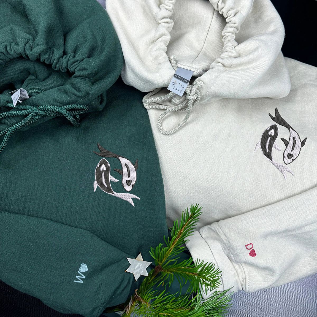 Individuell bestickte Koi-Fische Yin Yang Passende Hoodies für Paare