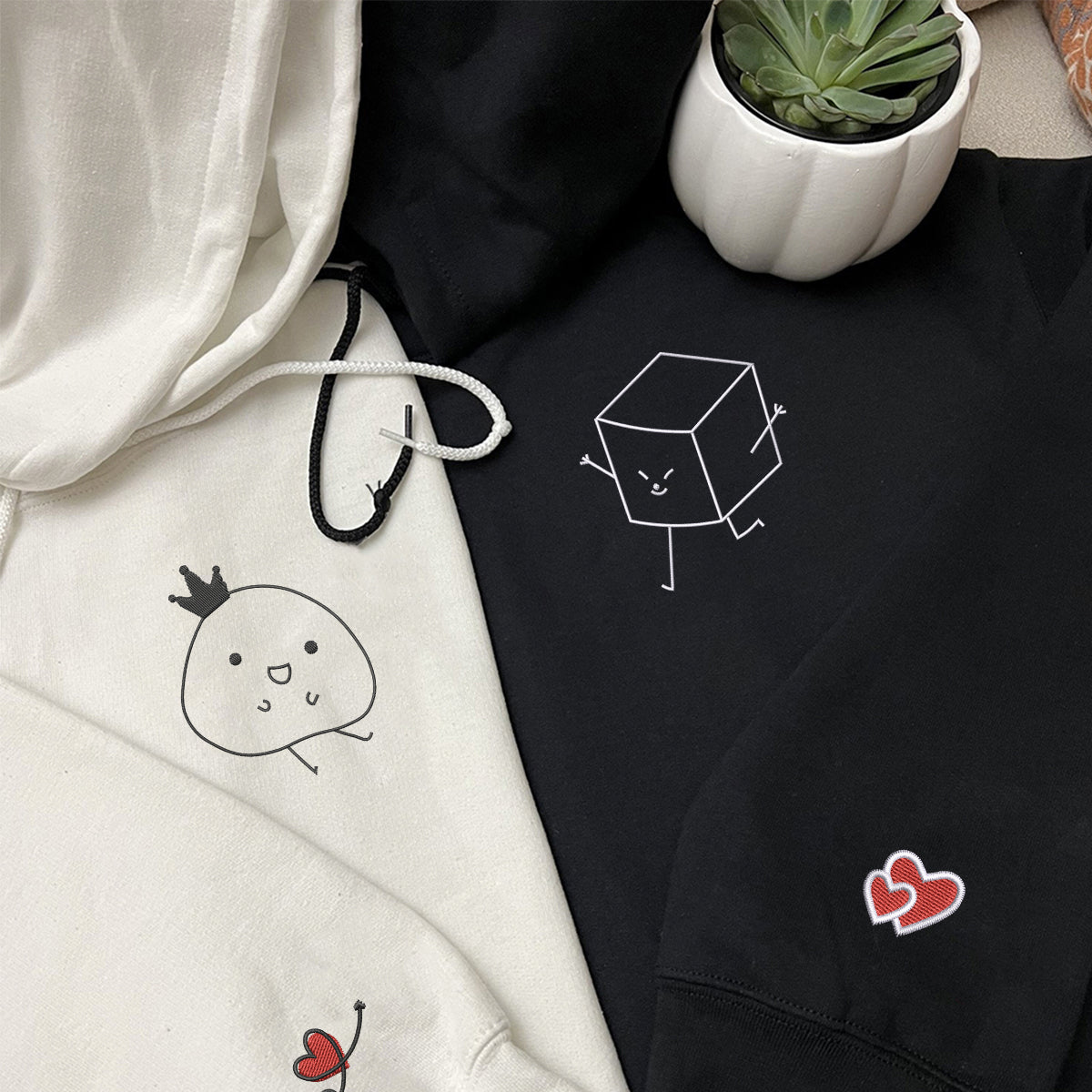 Individuell bestickte Tofu- und Kartoffel-Kapuzenpullover für Paare