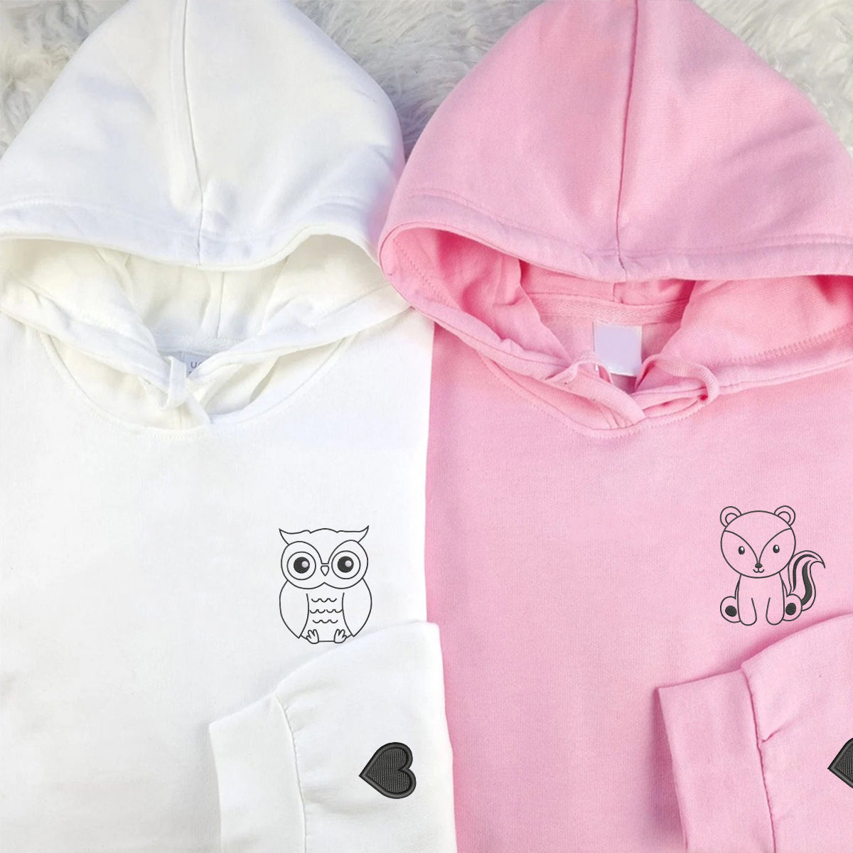 Individuell bestickte Eulen- und Eichhörnchen-Kapuzenpullover für Paare