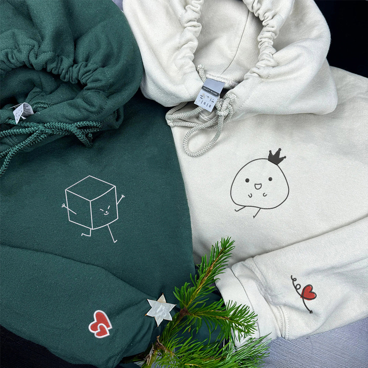 Individuell bestickte Tofu- und Kartoffel-Kapuzenpullover für Paare