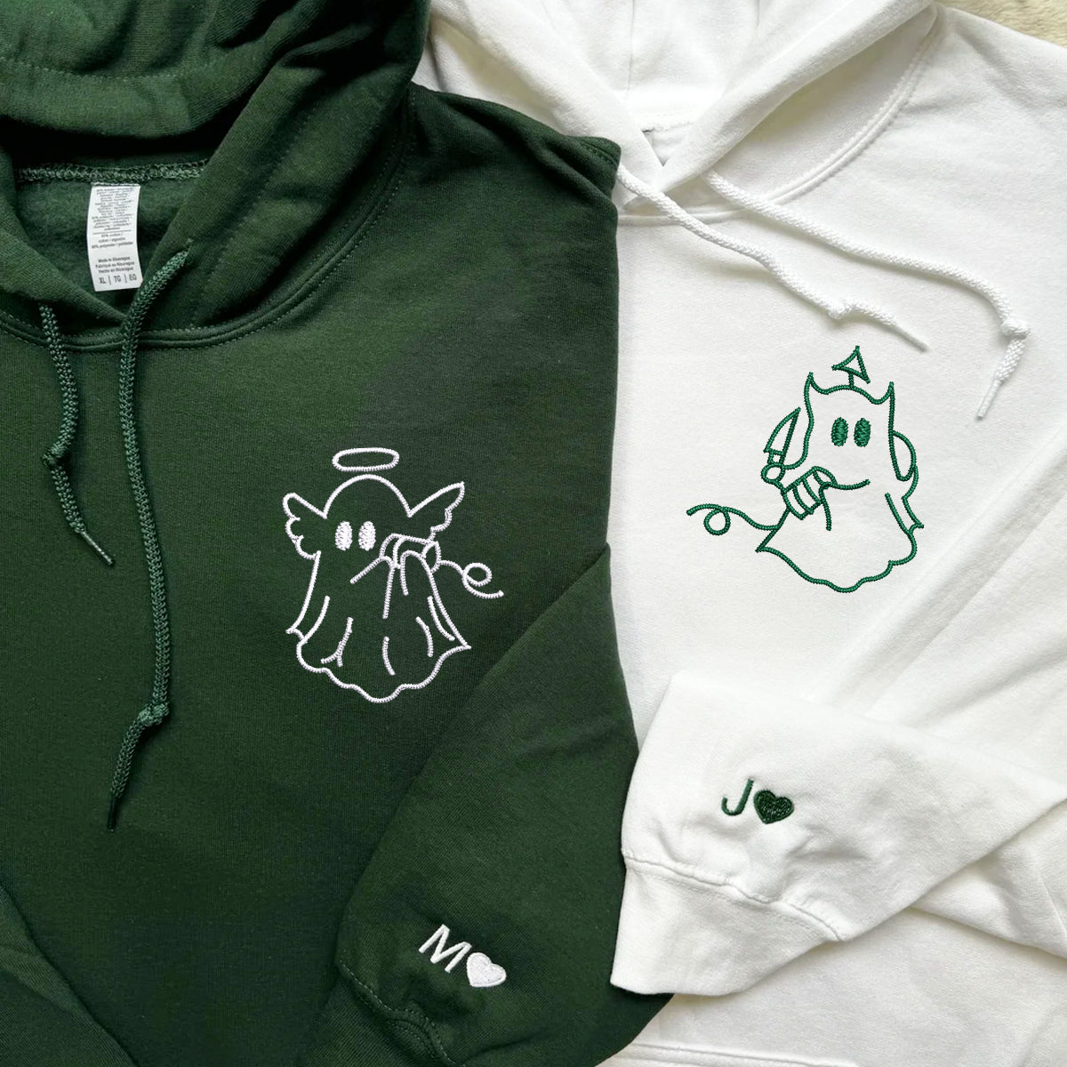 Benutzerdefinierter bestickter Engel-Teufel-Geist-Kapuzenpullover für Paare