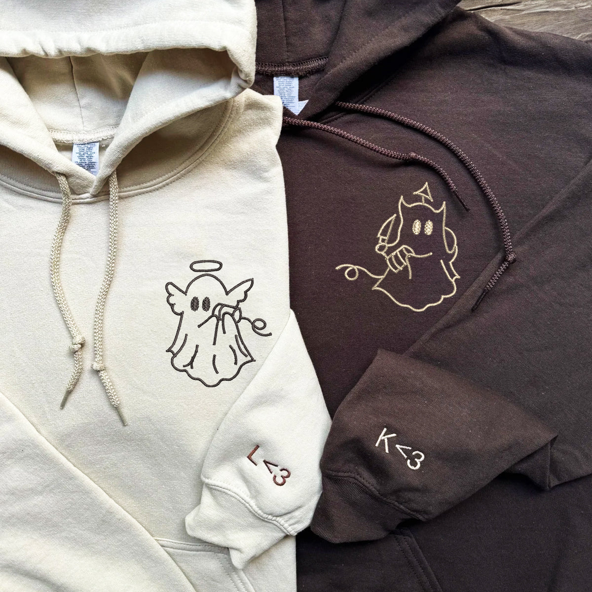 Benutzerdefinierter bestickter Engel-Teufel-Geist-Kapuzenpullover für Paare