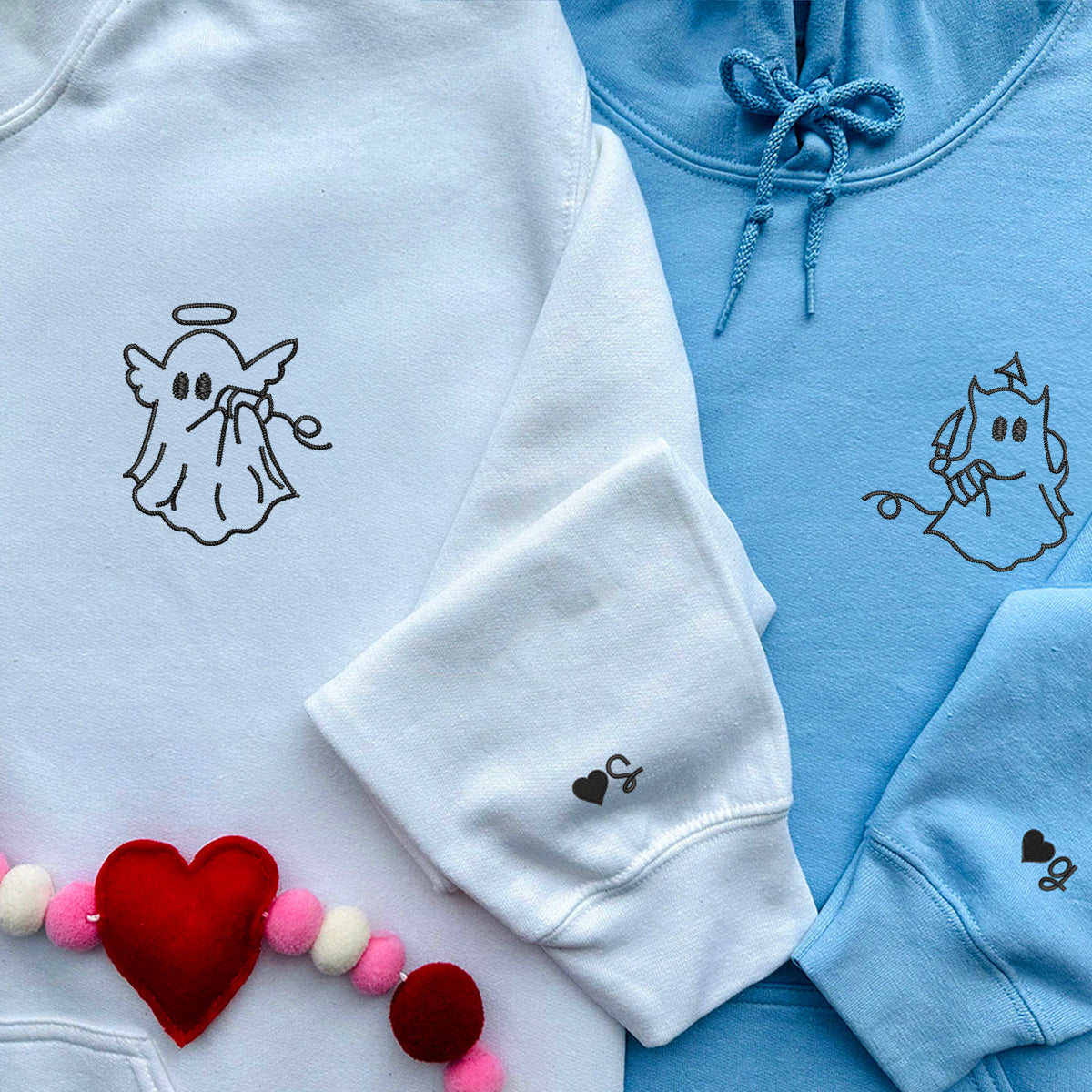Benutzerdefinierter bestickter Engel-Teufel-Geist-Kapuzenpullover für Paare