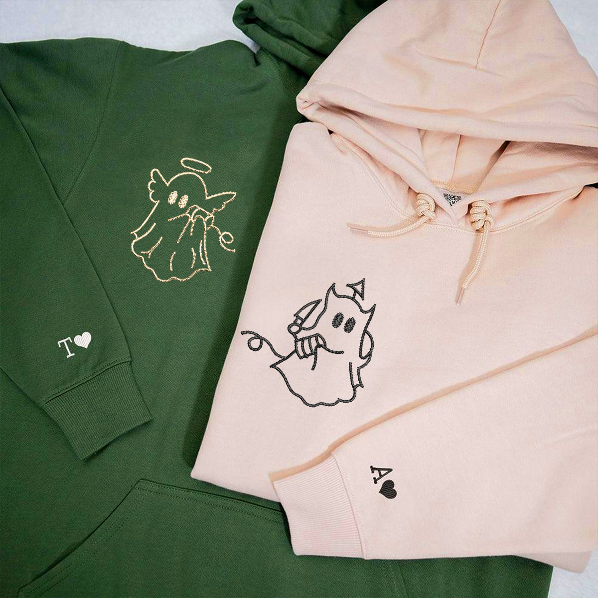 Benutzerdefinierter bestickter Engel-Teufel-Geist-Kapuzenpullover für Paare