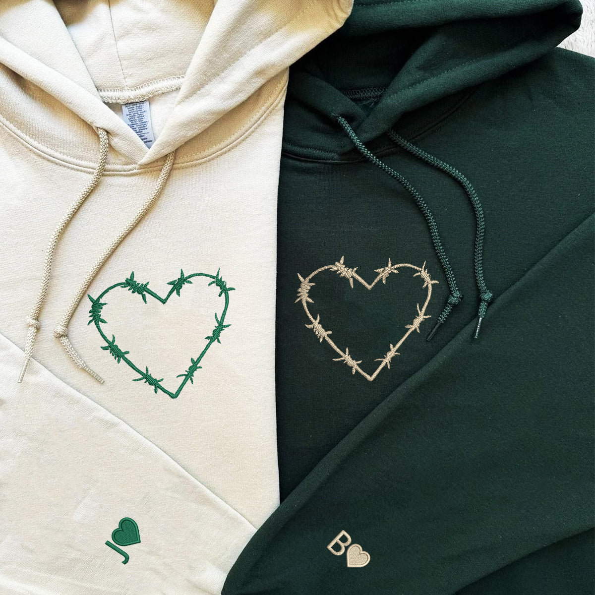 Individuell bestickte Barbwire-Herzen-Kapuzenpullover für Paare