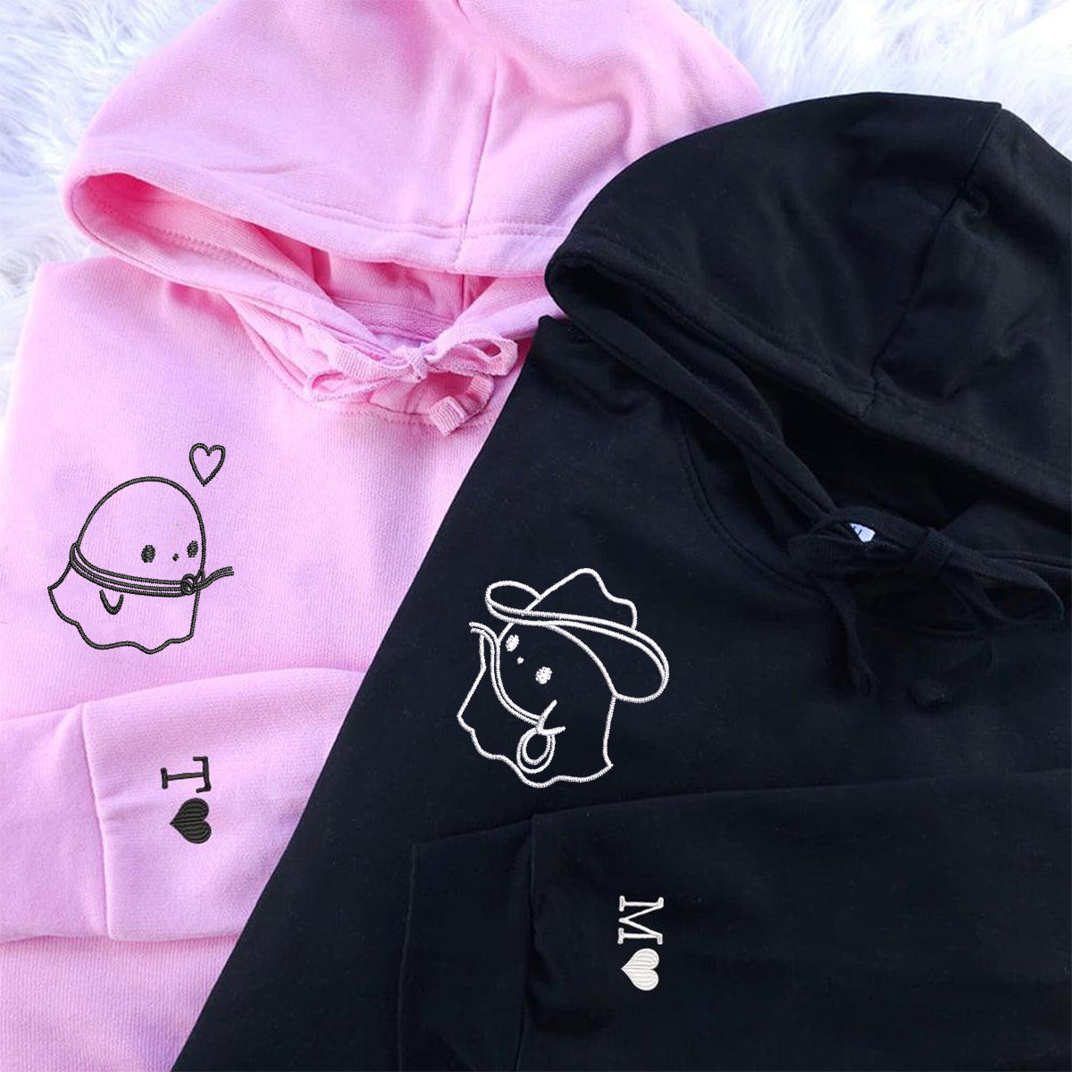 Benutzerdefinierte bestickte Cowboy Ghost Love passende Hoodies für Paare