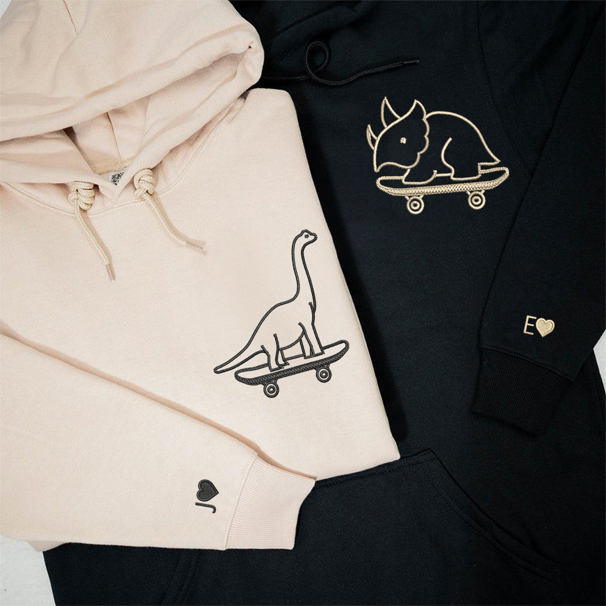 Benutzerdefinierte bestickte süße Dinosaurier Skater passende Hoodies für Paare