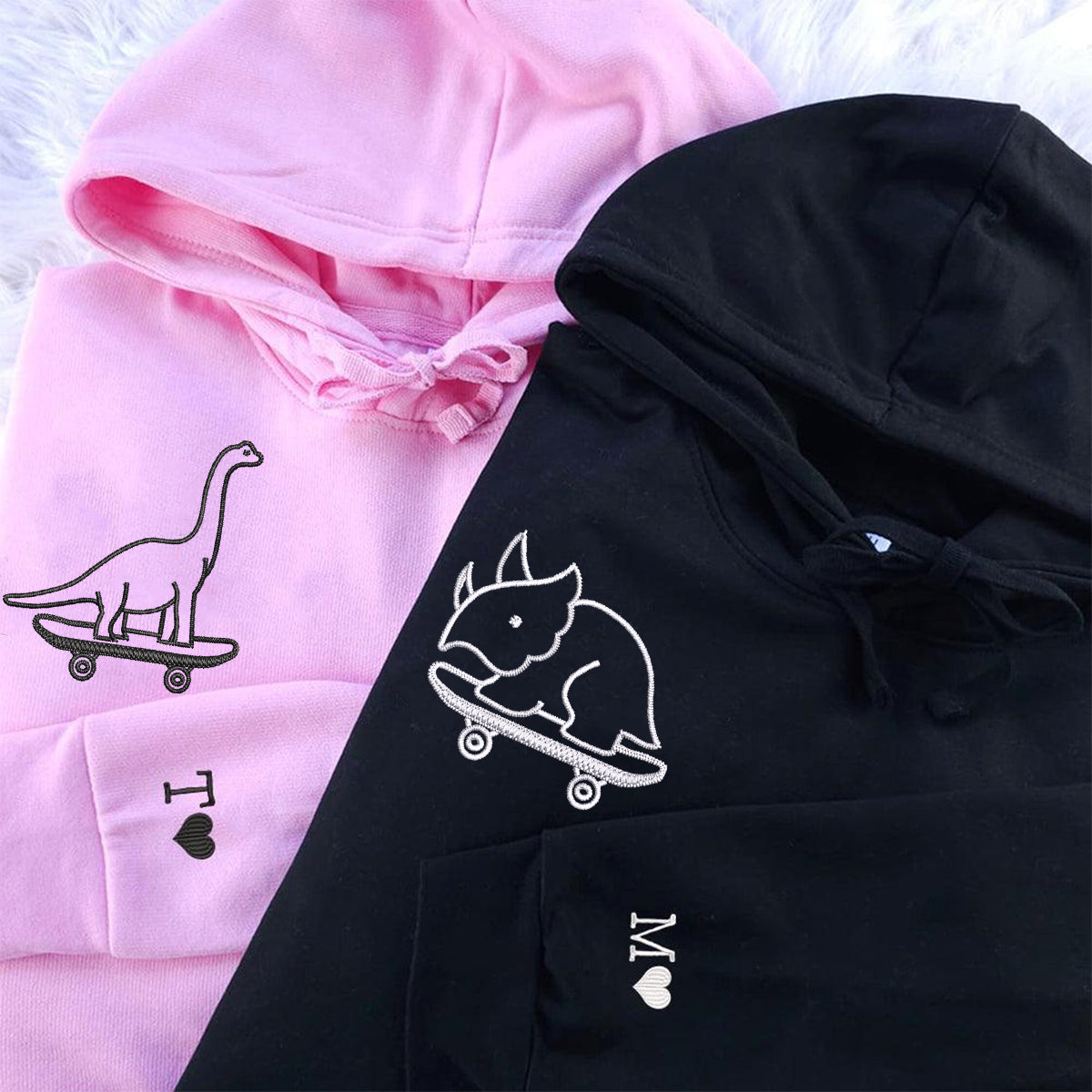 Benutzerdefinierte bestickte süße Dinosaurier Skater passende Hoodies für Paare