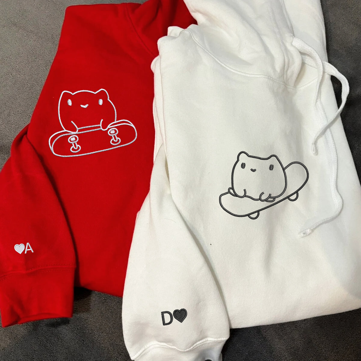 Benutzerdefinierte bestickte süße Frosch Skateboards passende Hoodies für Paare