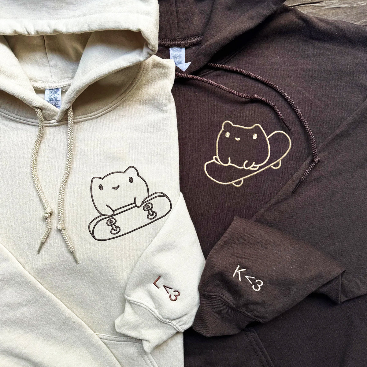 Benutzerdefinierte bestickte süße Frosch Skateboards passende Hoodies für Paare
