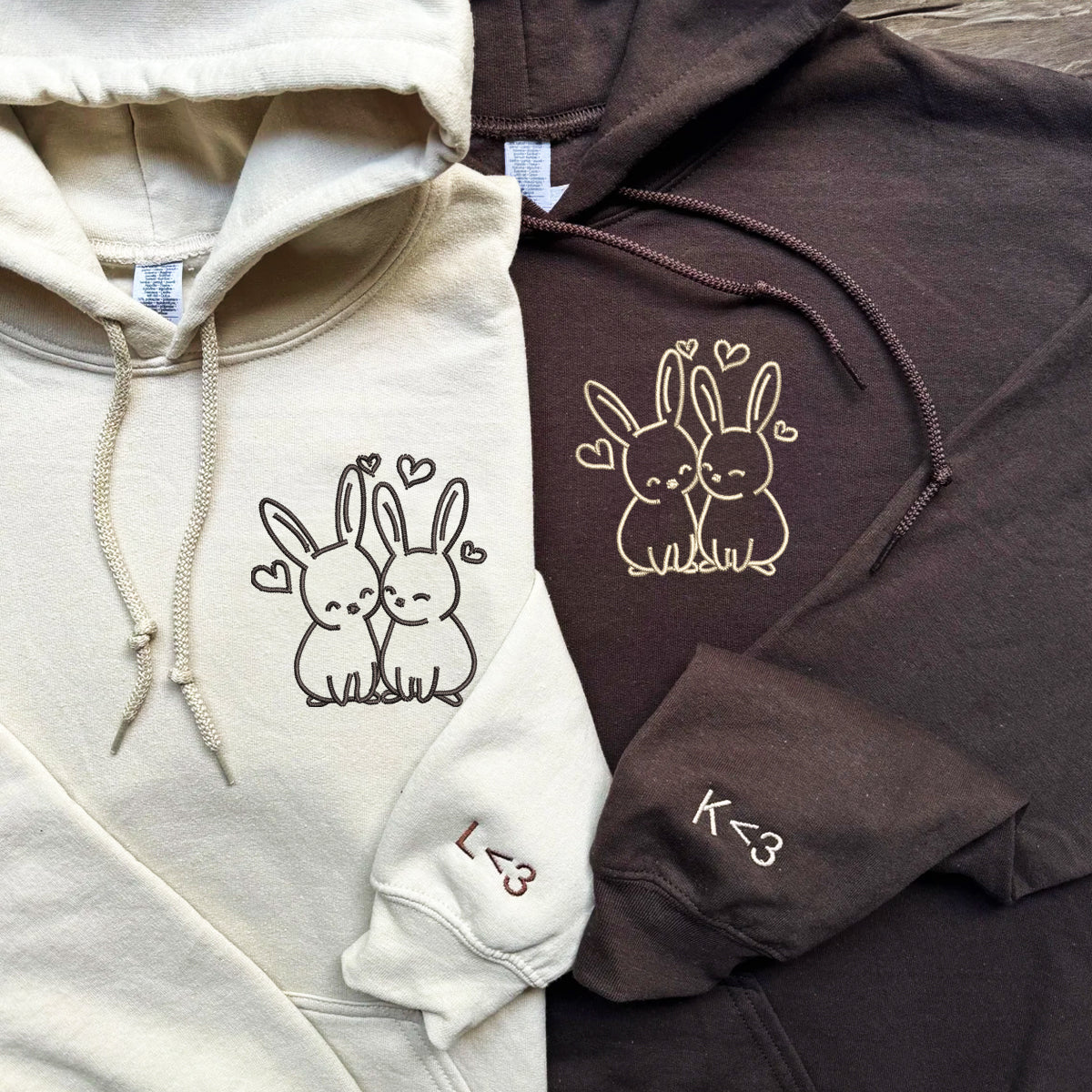 Benutzerdefinierte bestickte süße Kaninchen Liebe passende Hoodies für Paare