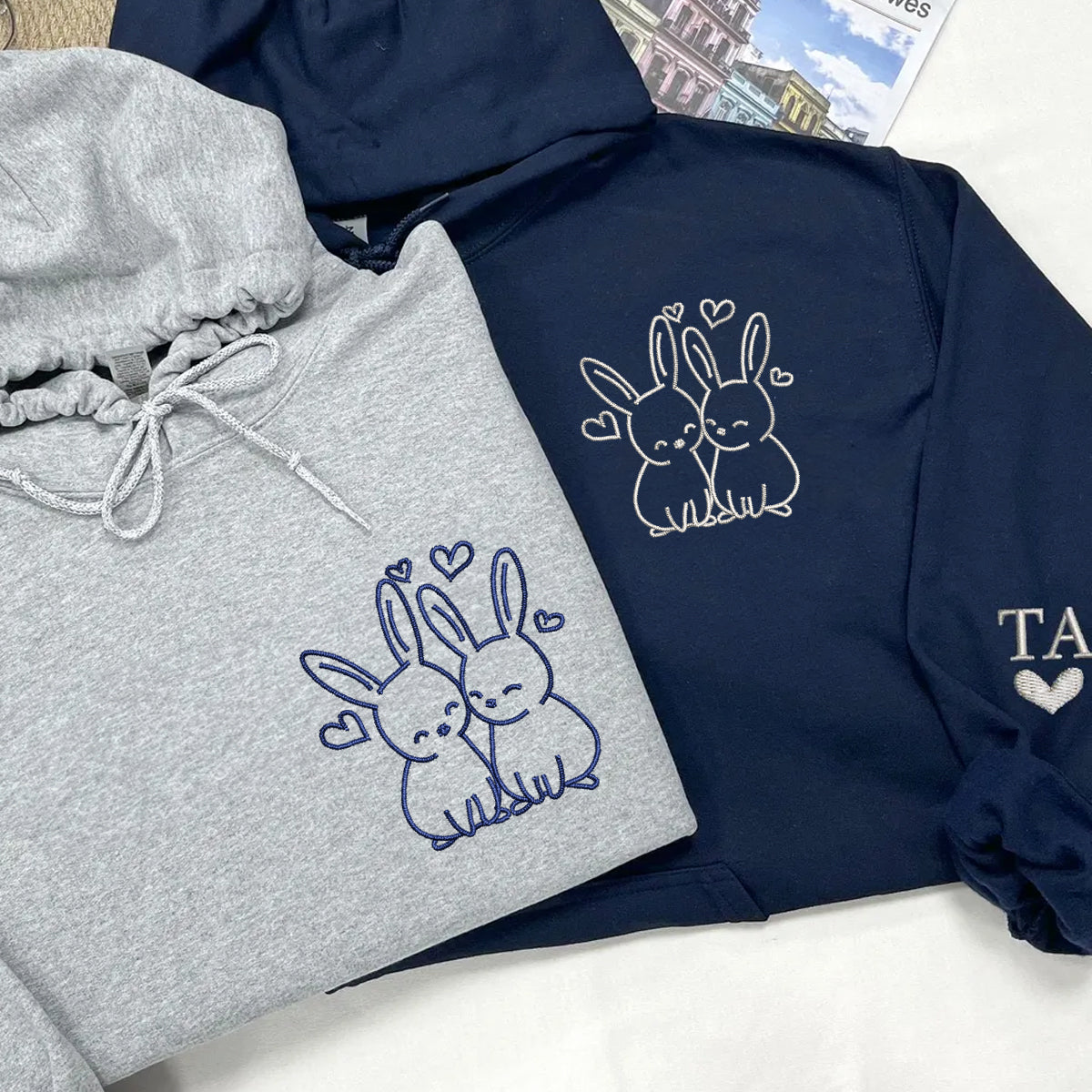 Benutzerdefinierte bestickte süße Kaninchen Liebe passende Hoodies für Paare