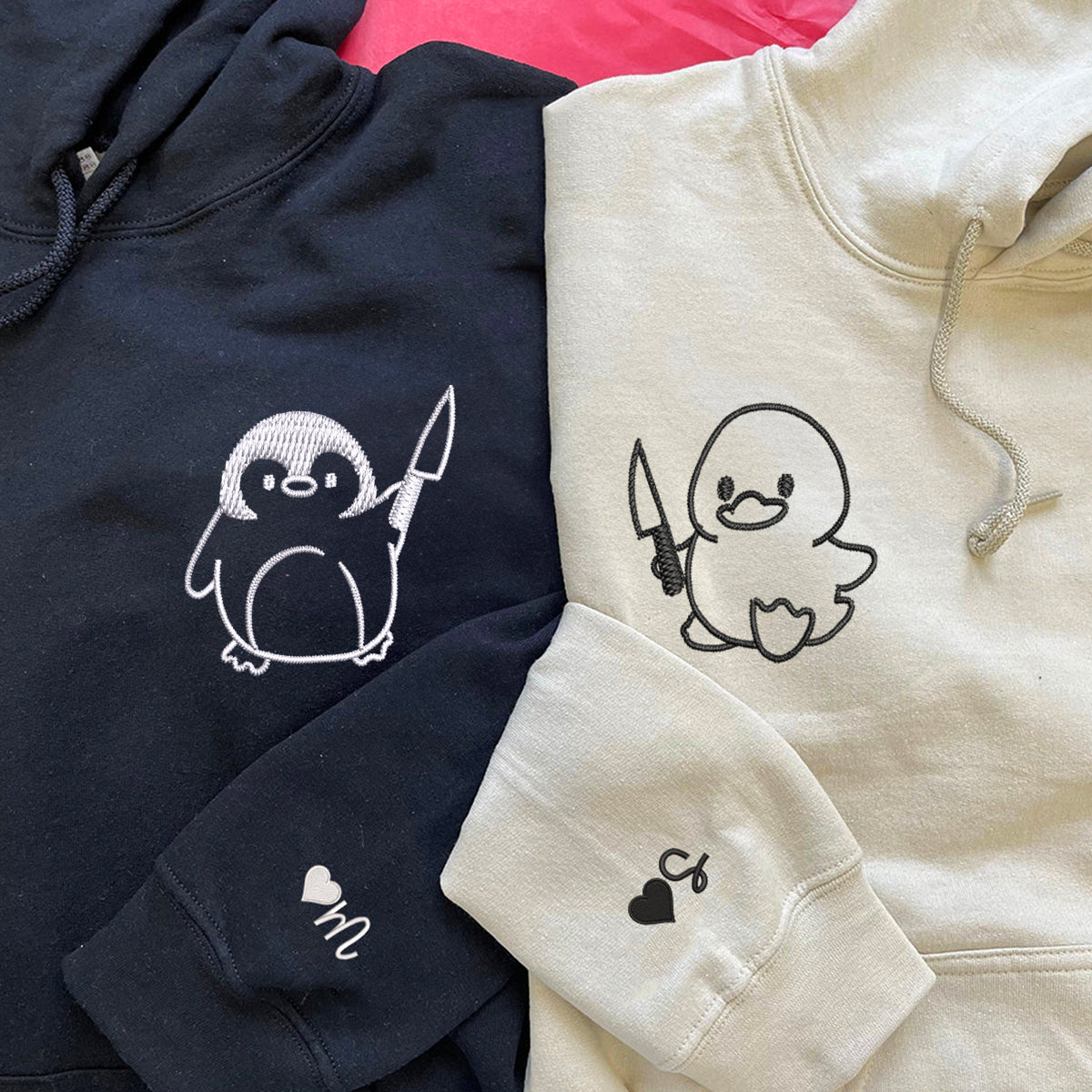 Individuell bestickte Ente und Pinguin mit Messer, passende Hoodies für Paare