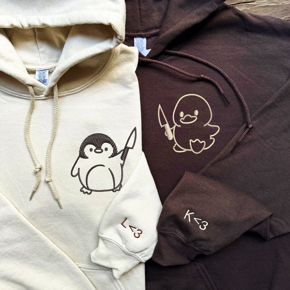 Individuell bestickte Ente und Pinguin mit Messer, passende Hoodies für Paare