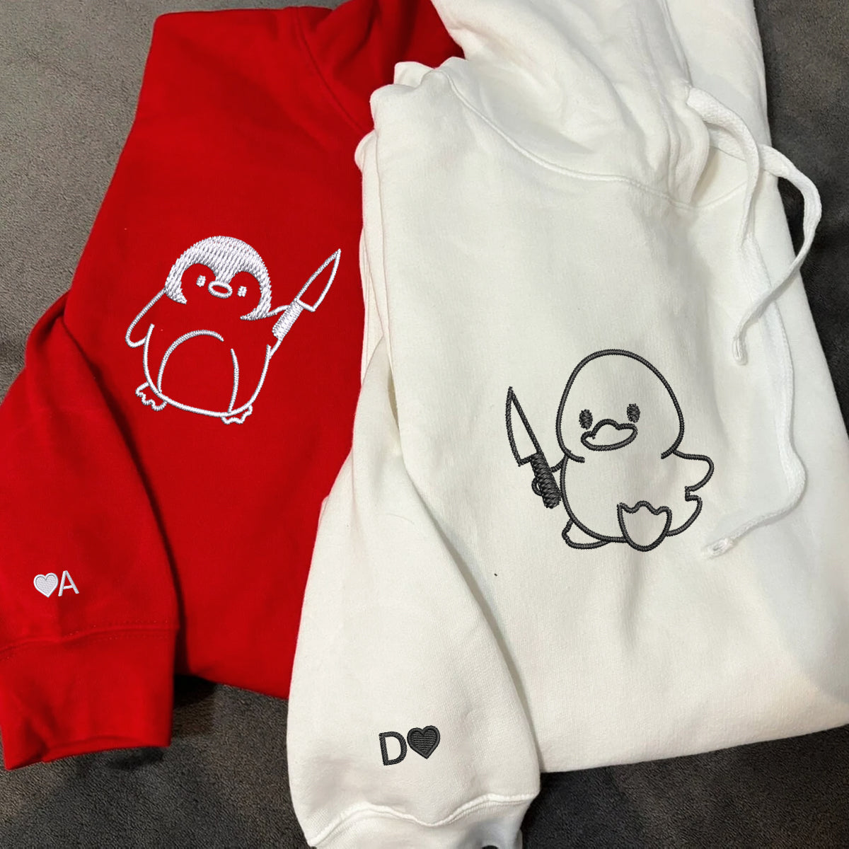 Individuell bestickte Ente und Pinguin mit Messer, passende Hoodies für Paare