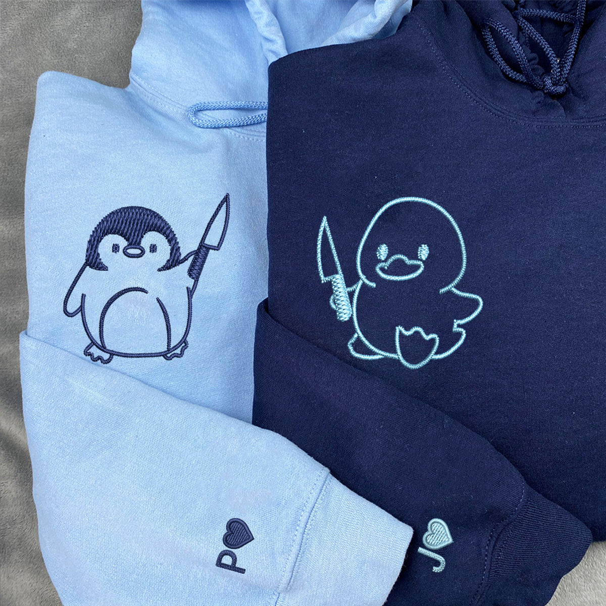 Individuell bestickte Ente und Pinguin mit Messer, passende Hoodies für Paare