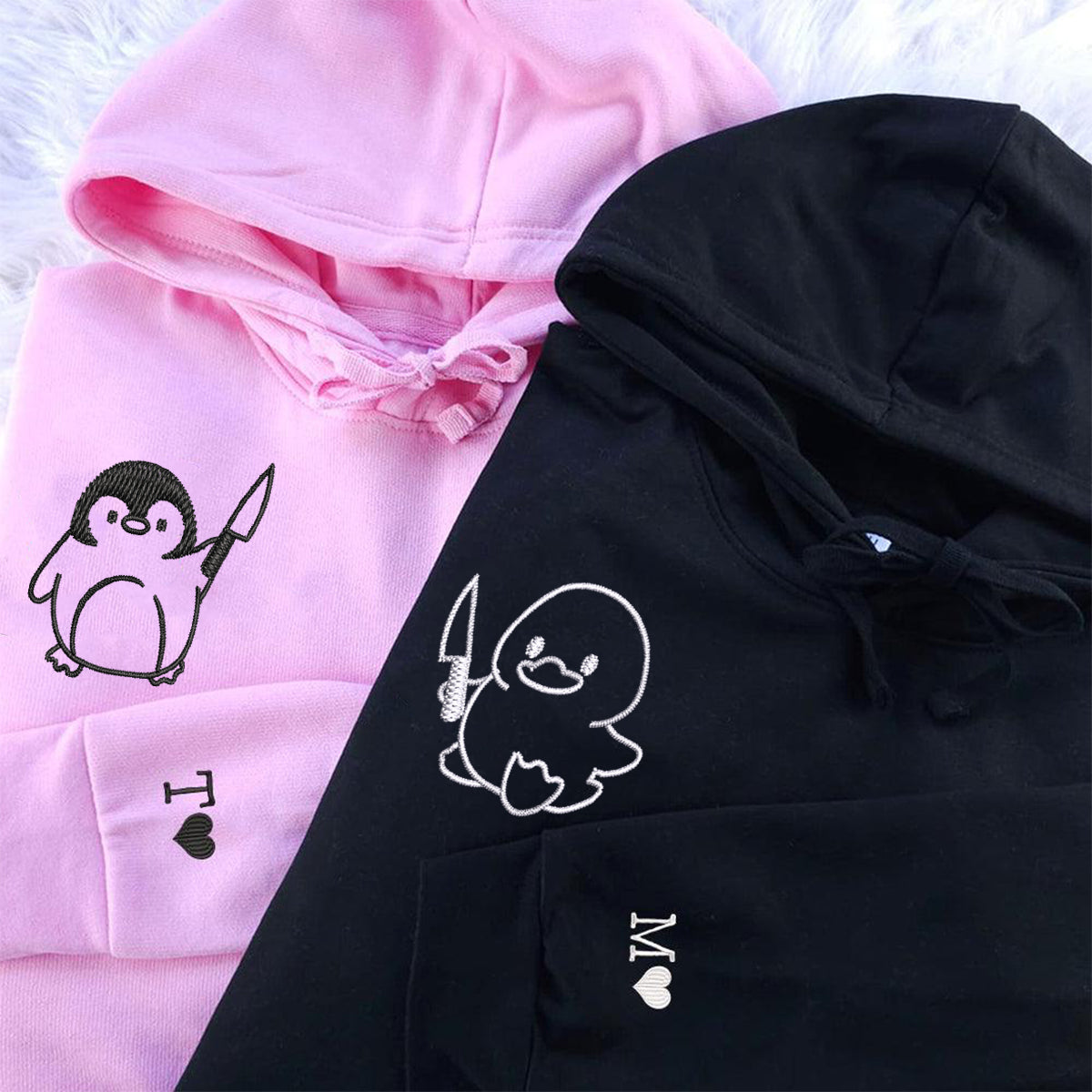 Individuell bestickte Ente und Pinguin mit Messer, passende Hoodies für Paare
