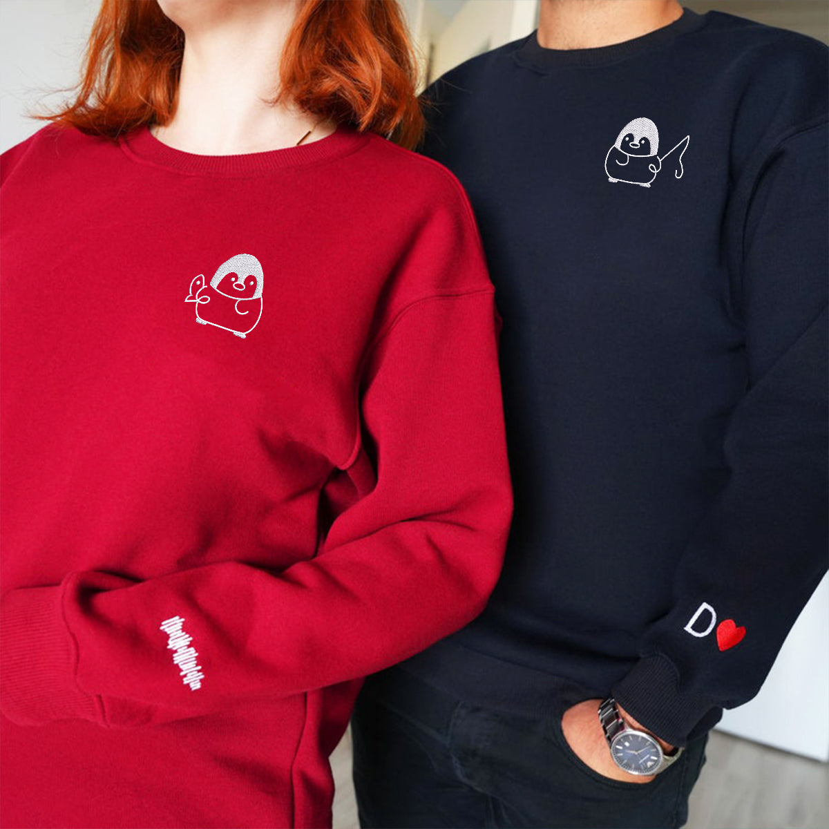 Individuell bestickte Angelpinguin-Kapuzenpullover für Paare