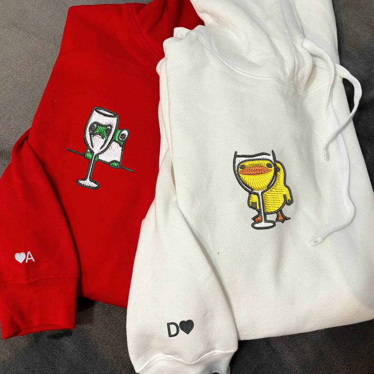 Individuell bestickte Frosch- und Enten-Trink-Kapuzenpullover für Paare