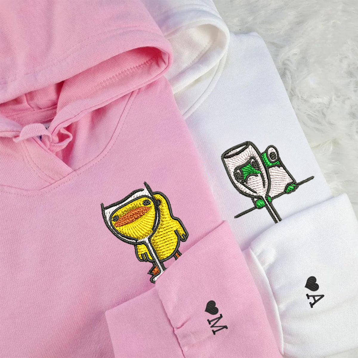 Individuell bestickte Frosch- und Enten-Trink-Kapuzenpullover für Paare