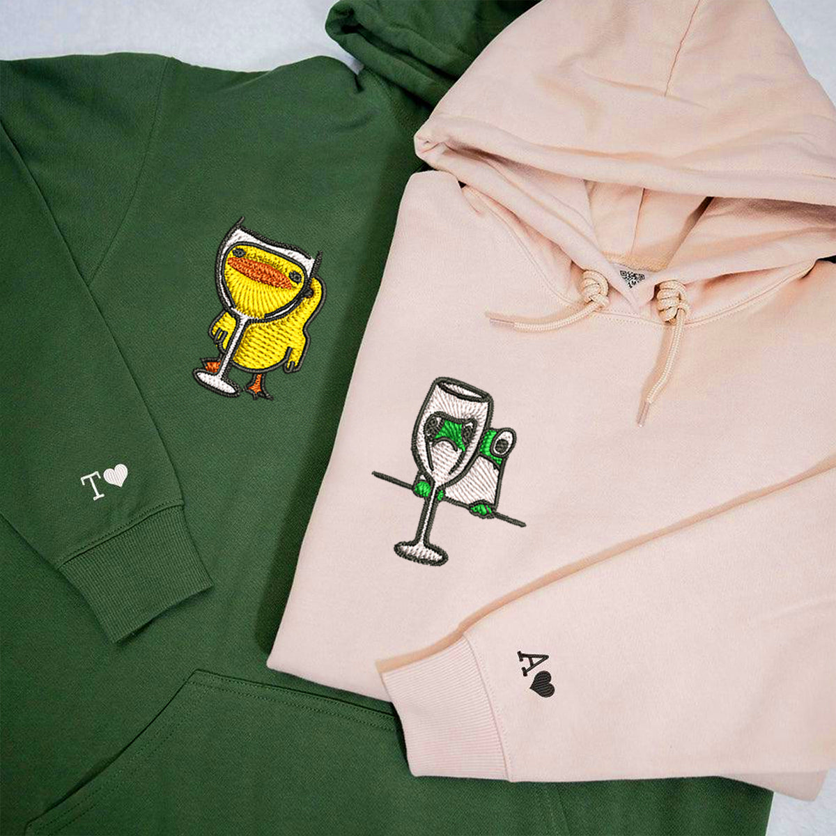 Individuell bestickte Frosch- und Enten-Trink-Kapuzenpullover für Paare