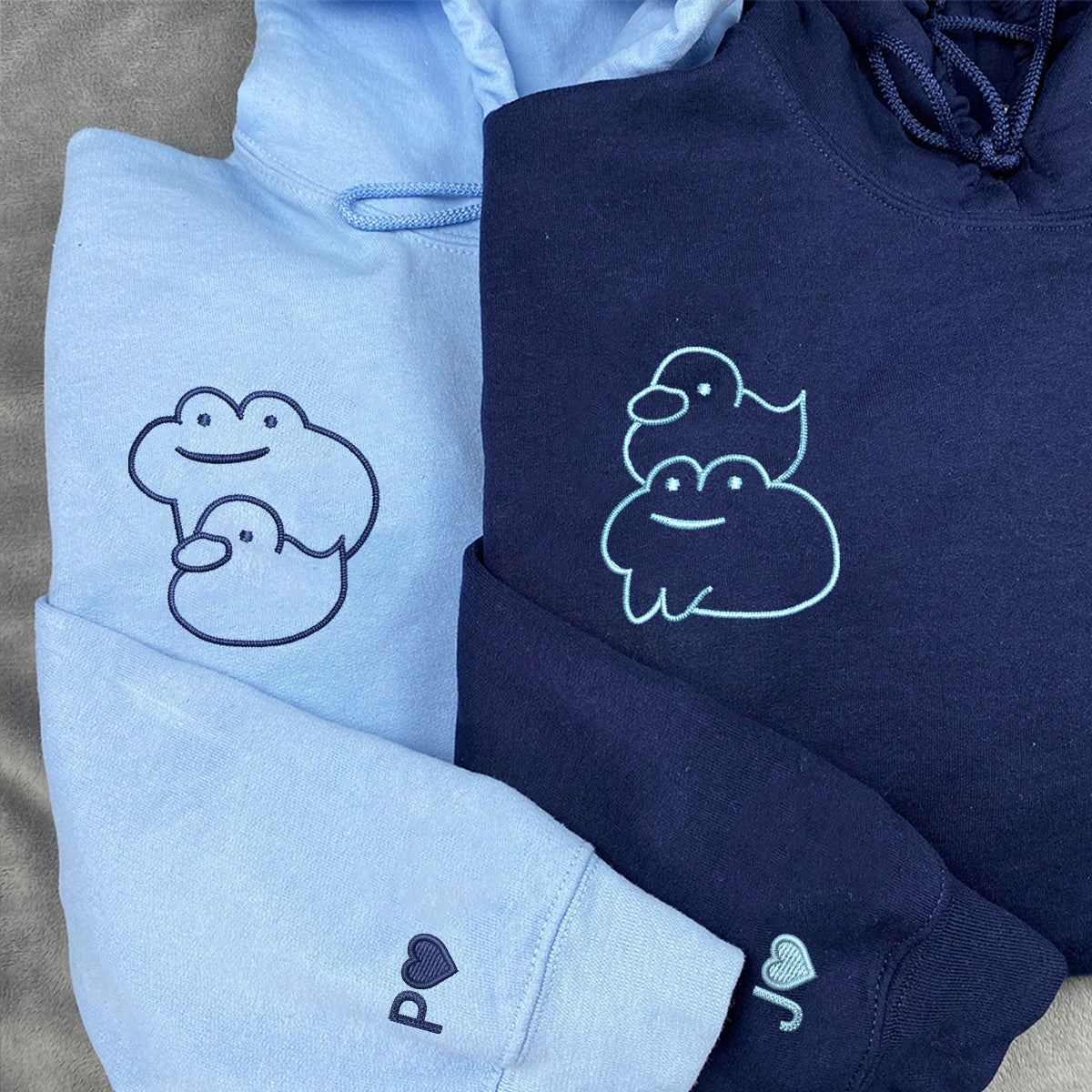 Individuell bestickte Frosch- und Enten-Kapuzenpullover für Paare