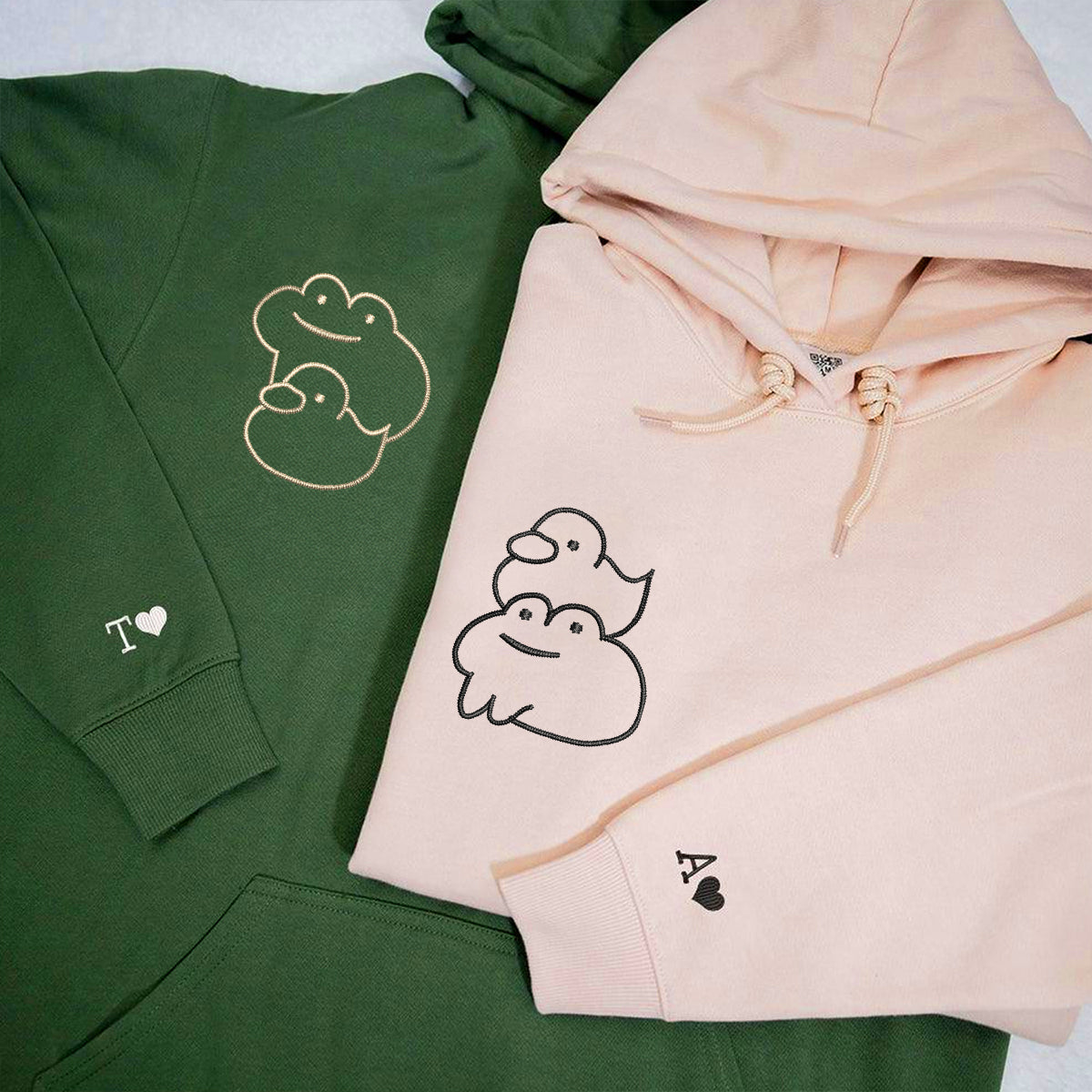 Individuell bestickte Frosch- und Enten-Kapuzenpullover für Paare