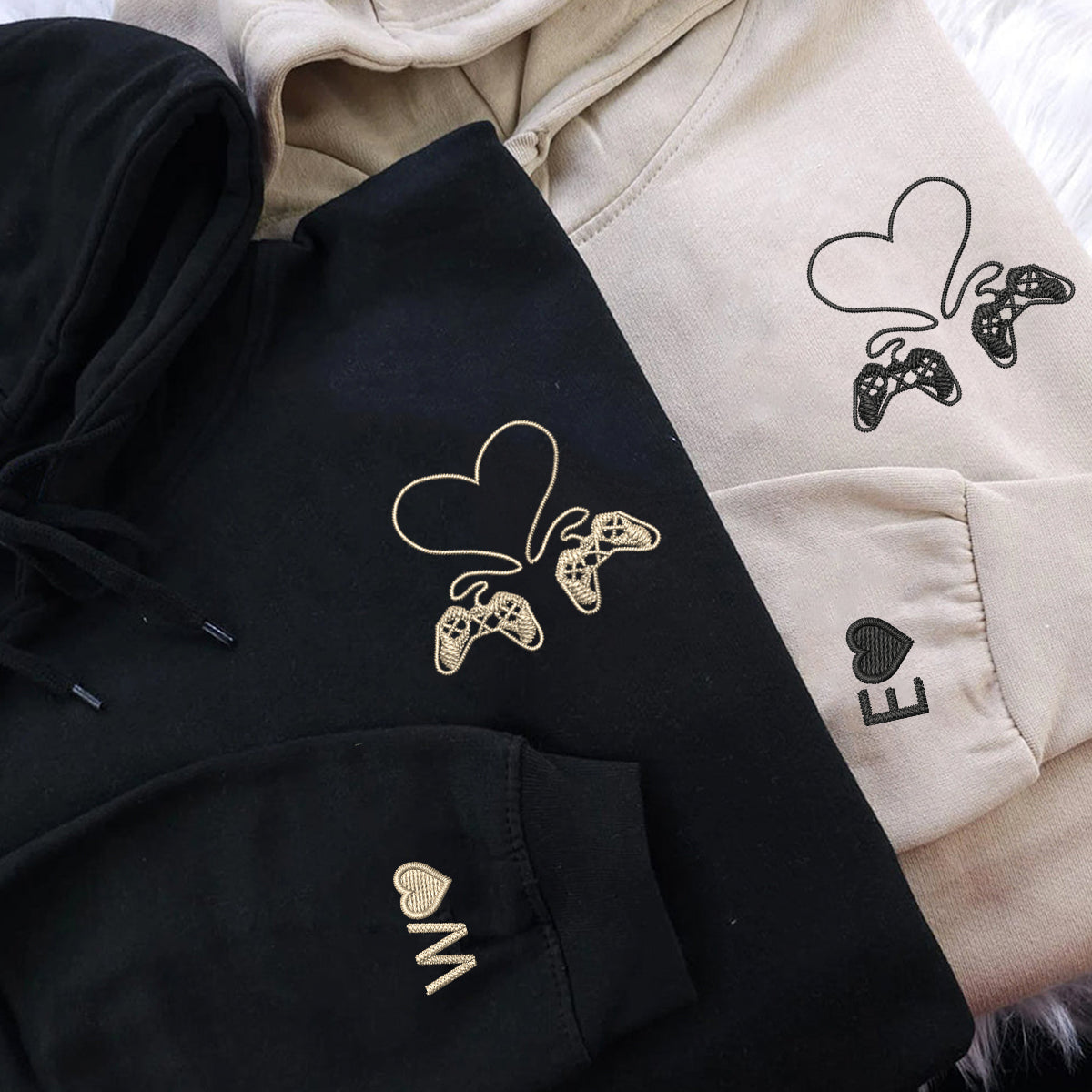 Sweats à capuche assortis brodés personnalisés pour manette de jeu pour couples