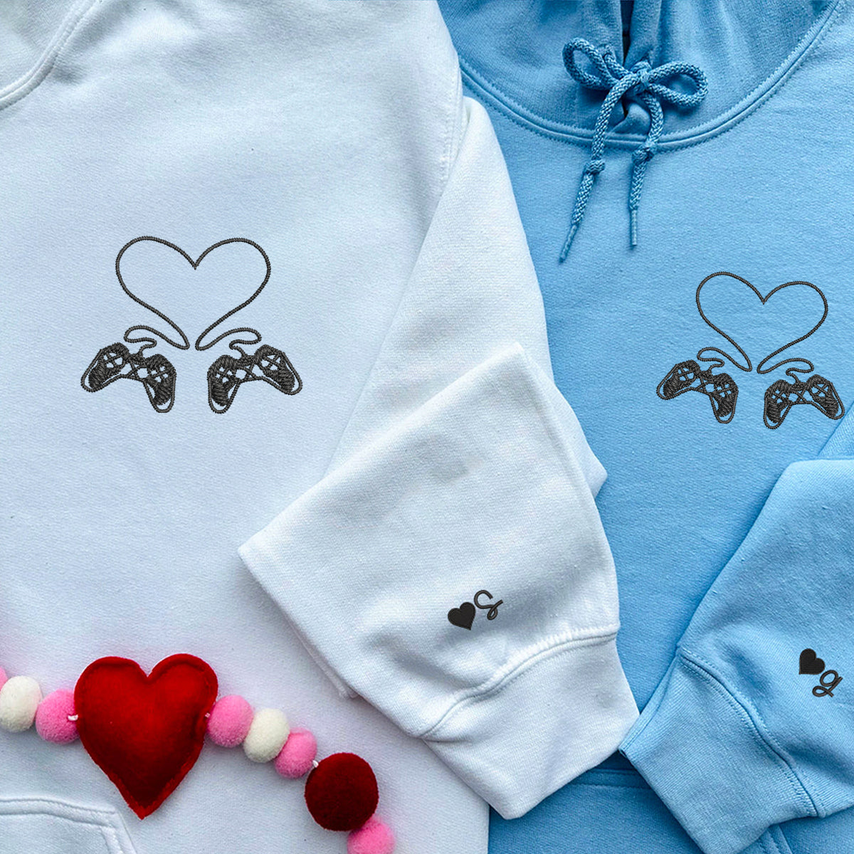 Sweats à capuche assortis brodés personnalisés pour manette de jeu pour couples