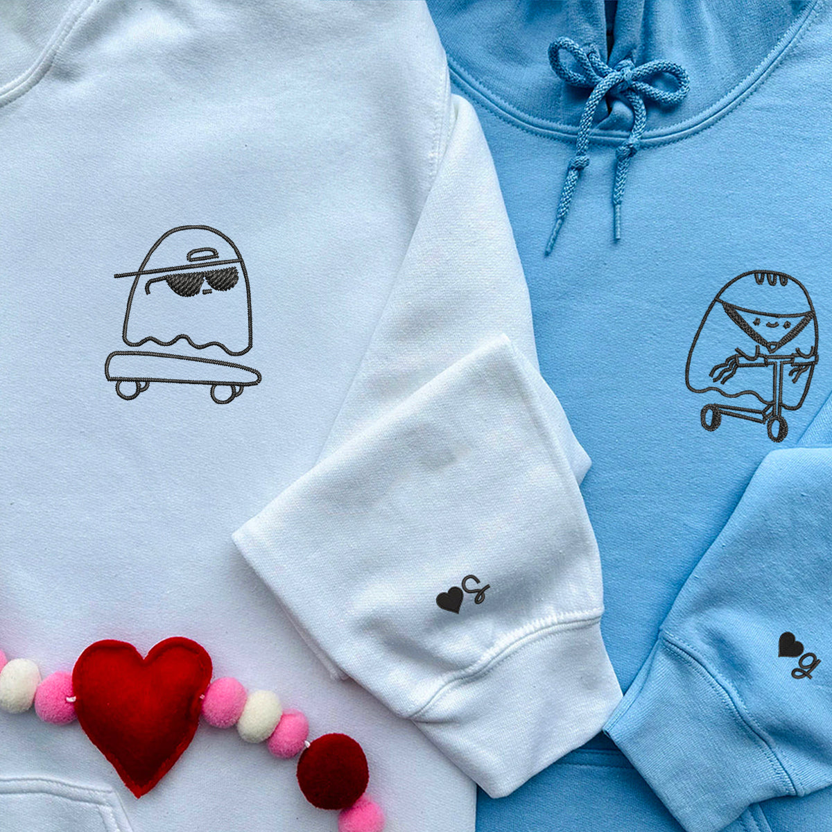Benutzerdefinierte bestickte Ghosts Skateboard und Scooter passende Hoodies für Paare