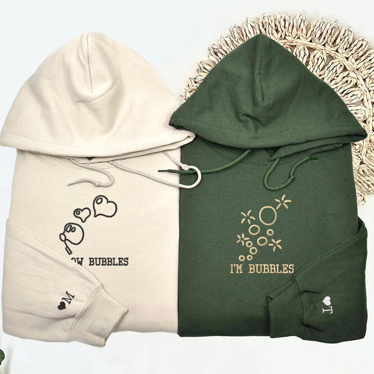 Individuell bestickte „I Blow Bubbles“-Kapuzenpullover für Paare