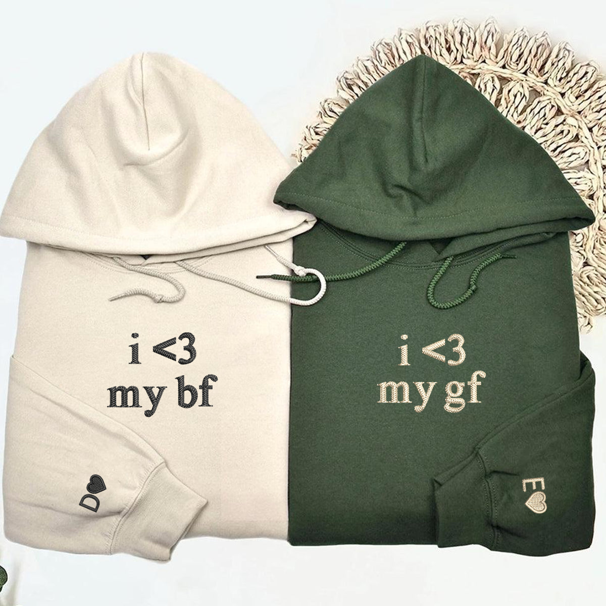 Sweats à capuche personnalisés brodés « J'aime mon copain et ma copine » assortis pour couples