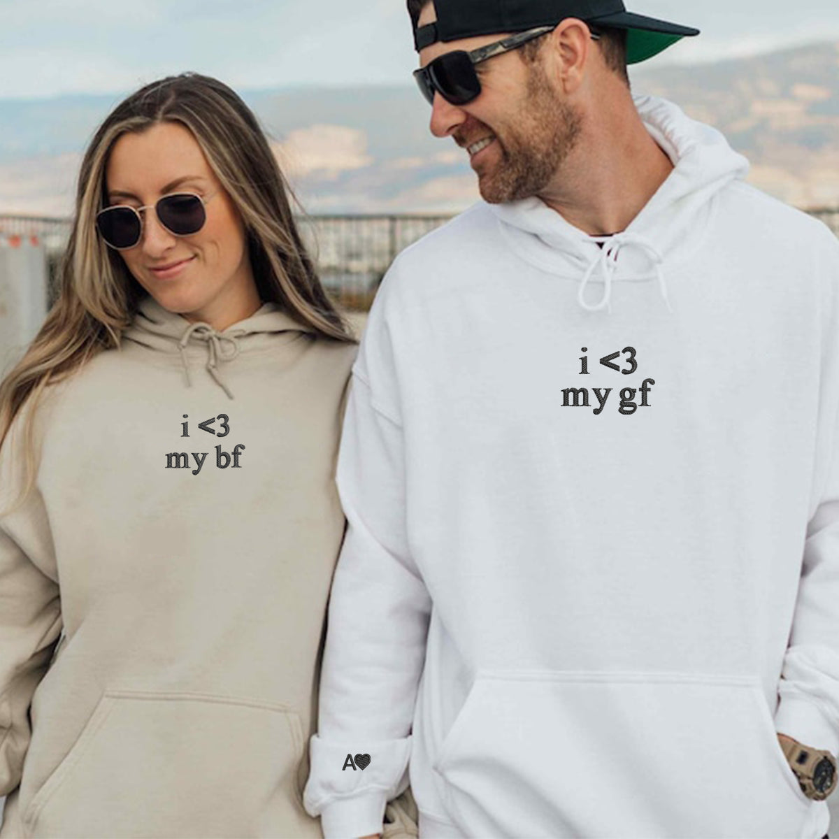 Sweats à capuche personnalisés brodés « J'aime mon copain et ma copine » assortis pour couples