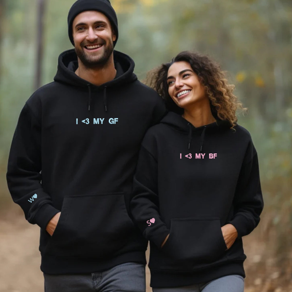 Individuell bestickte „I Love My Gf Bf“-Kapuzenpullover für Paare