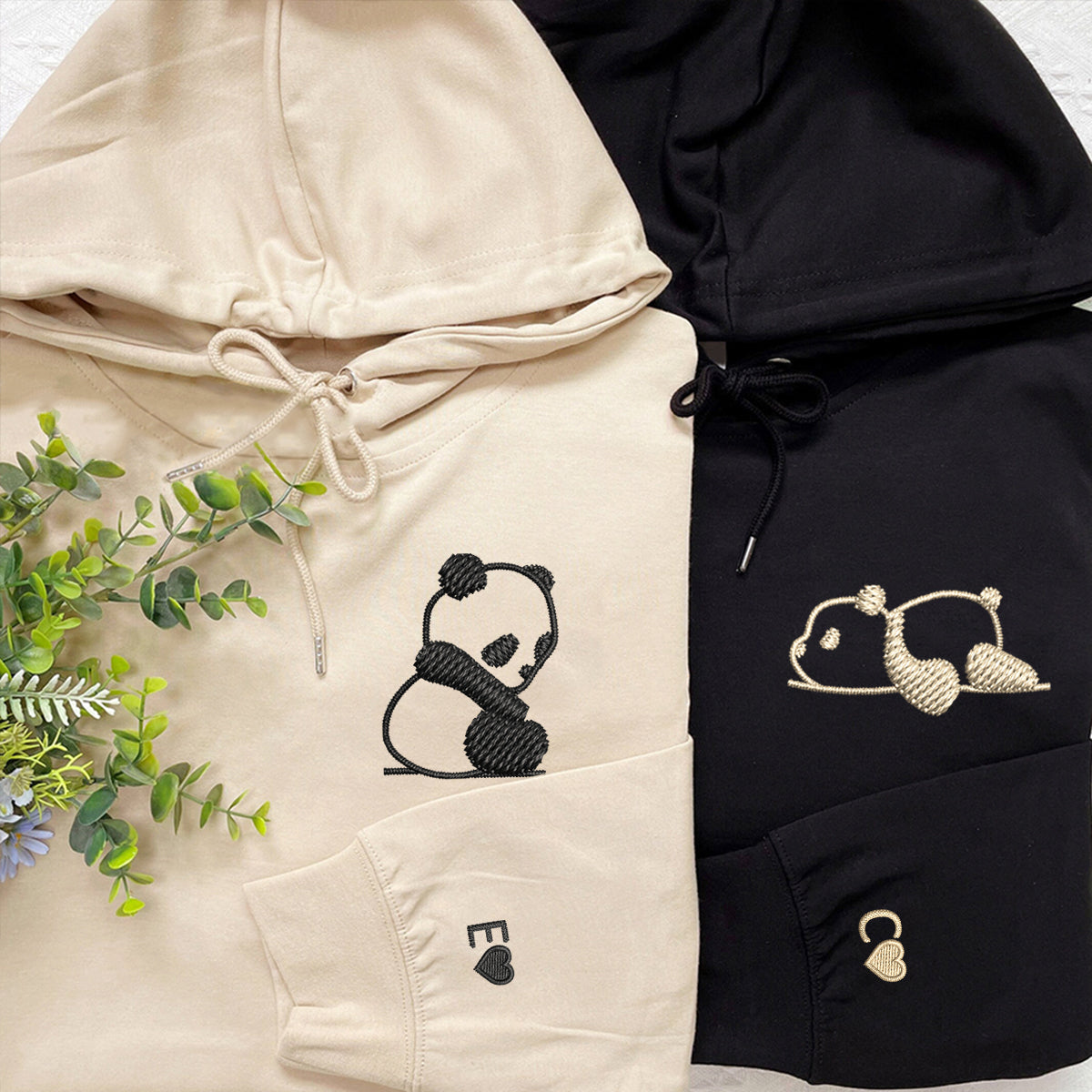 Individuell bestickte Lazy Panda-Kapuzenpullover für Paare