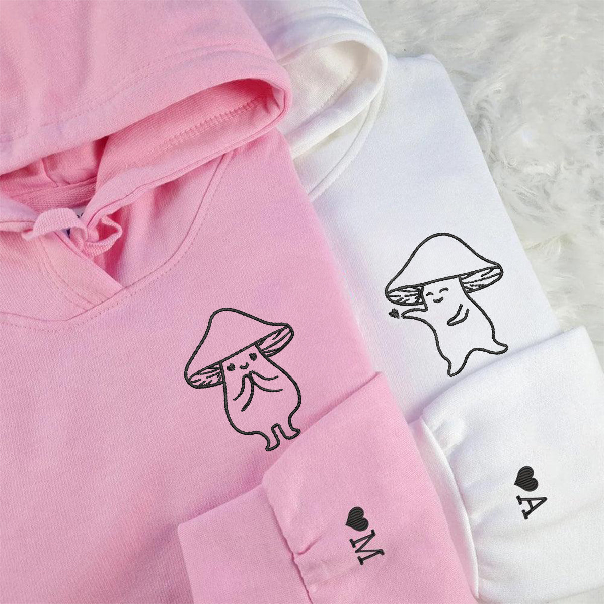Benutzerdefinierte bestickte Pilz Liebe passende Hoodies für Paare