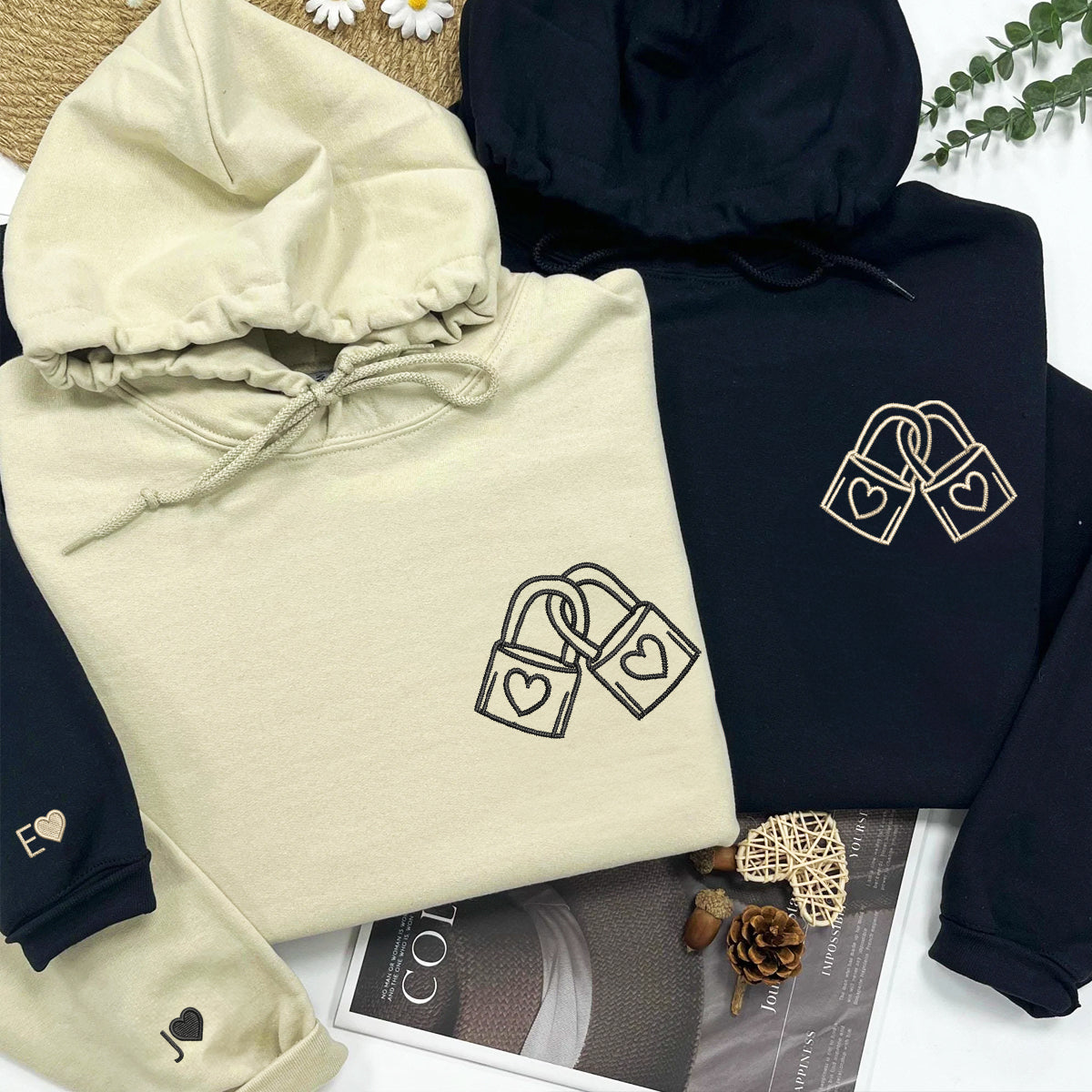 Individuell besticktes Vorhängeschloss mit Herz Passende Hoodies für Paare