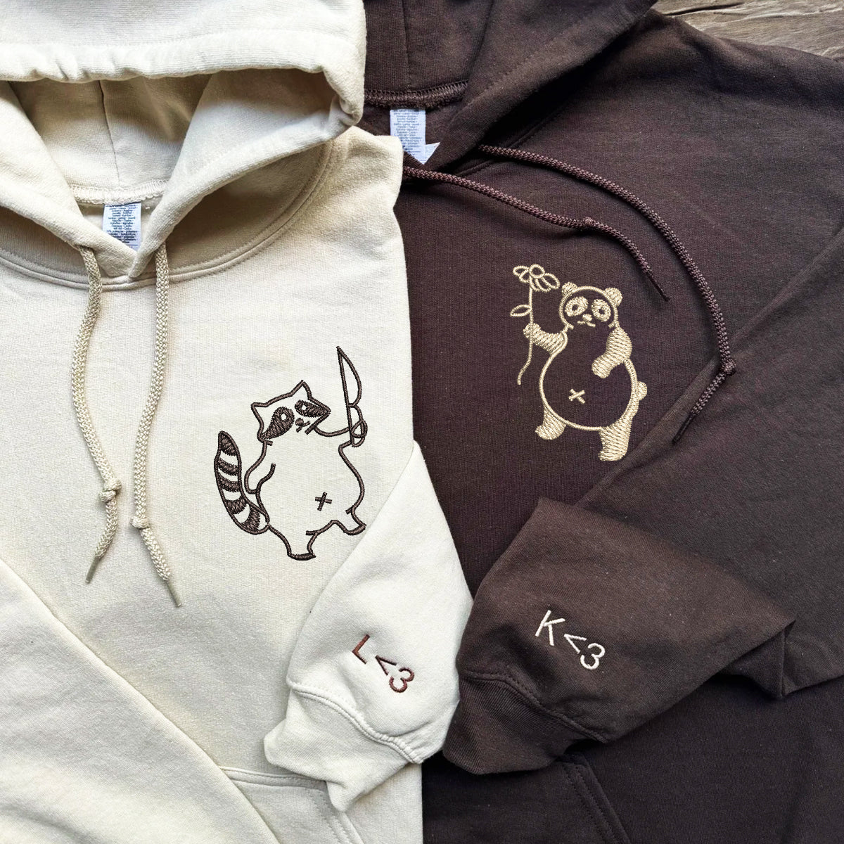 Individuell bestickte Panda- und Waschbär-Kapuzenpullover für Paare