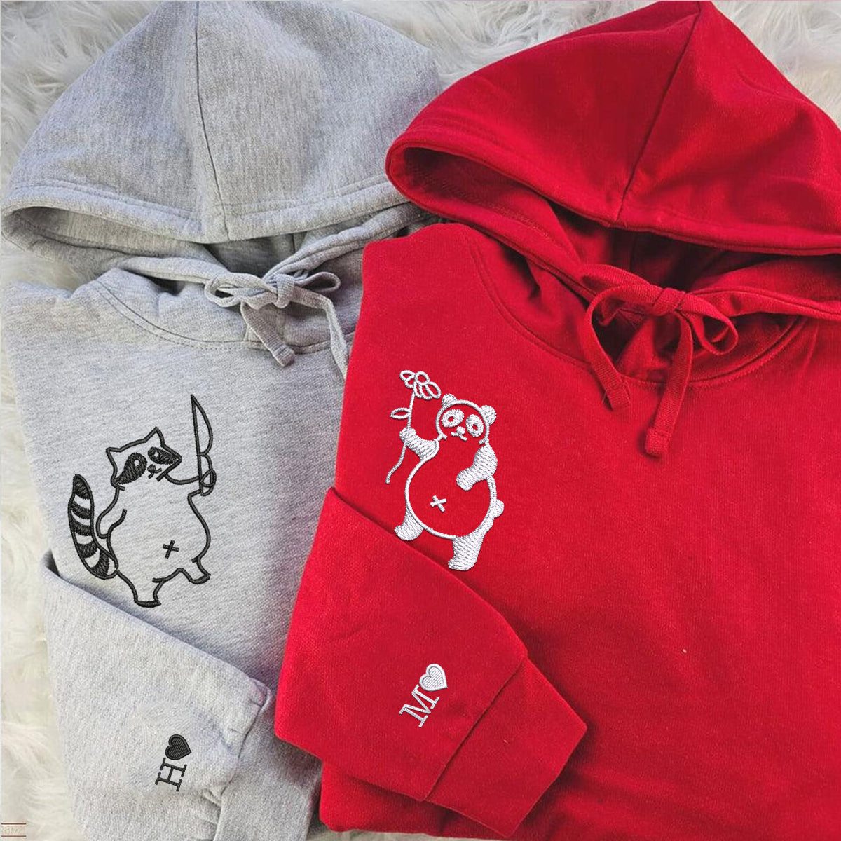 Individuell bestickte Panda- und Waschbär-Kapuzenpullover für Paare