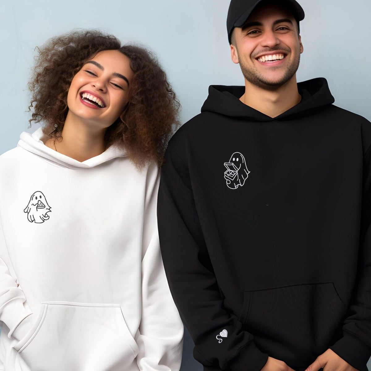 Individuell bestickte Pizza liebende Geister-Kapuzenpullover für Paare