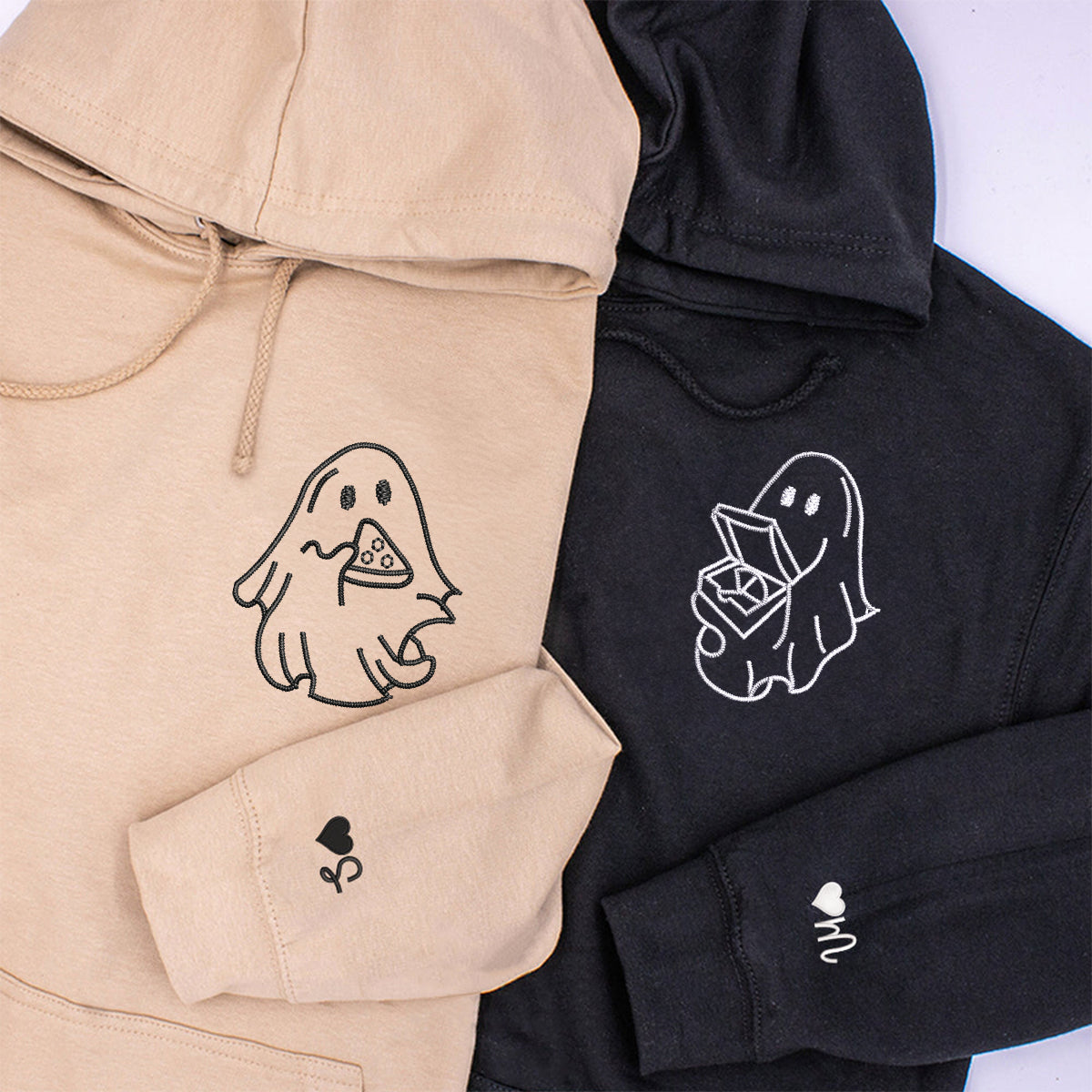 Individuell bestickte Pizza liebende Geister-Kapuzenpullover für Paare