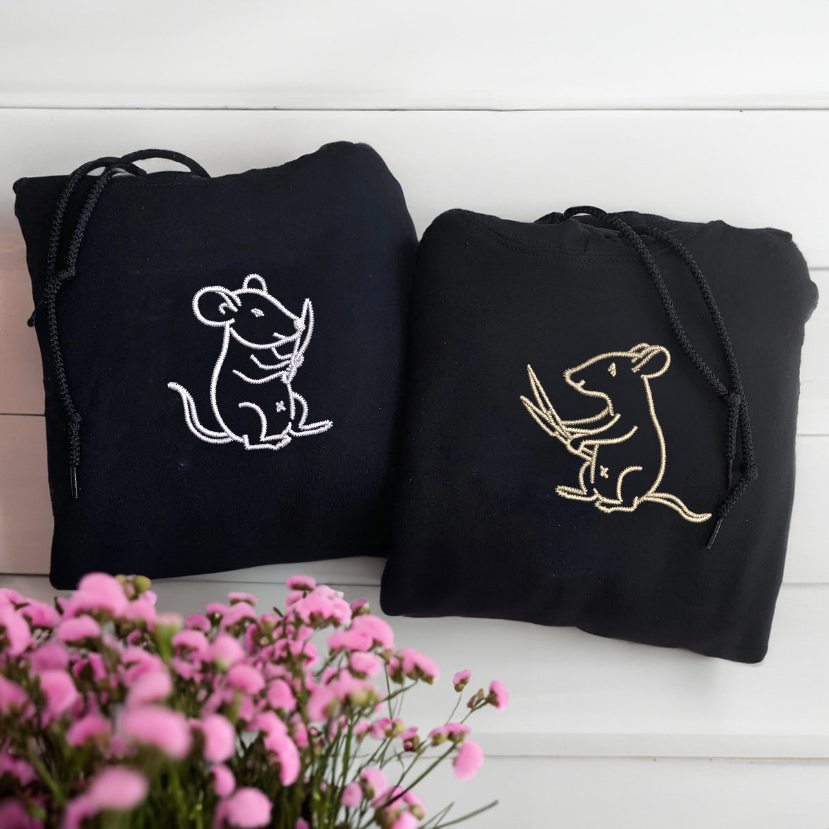 Individuell bestickte Ratten mit Messern, passende Hoodies für Paare