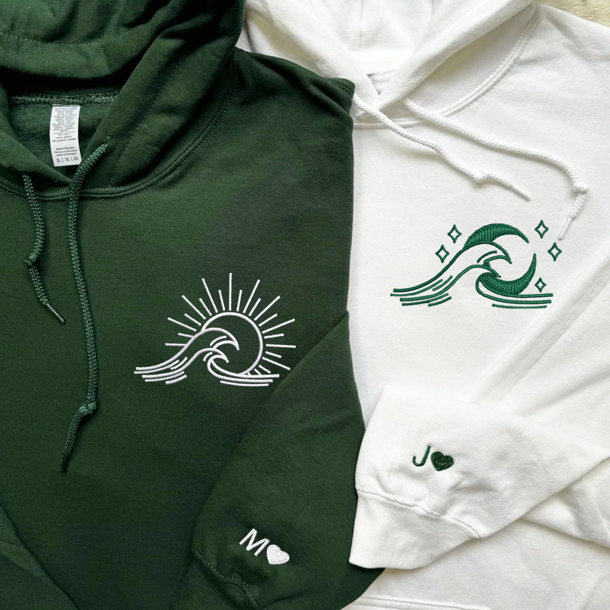 Individuell bestickte Meereswelle Sonne und Mond passende Hoodies für Paare
