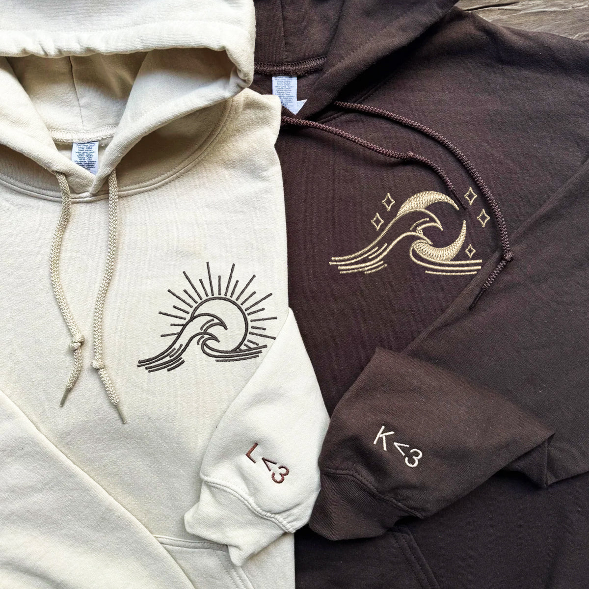 Individuell bestickte Meereswelle Sonne und Mond passende Hoodies für Paare