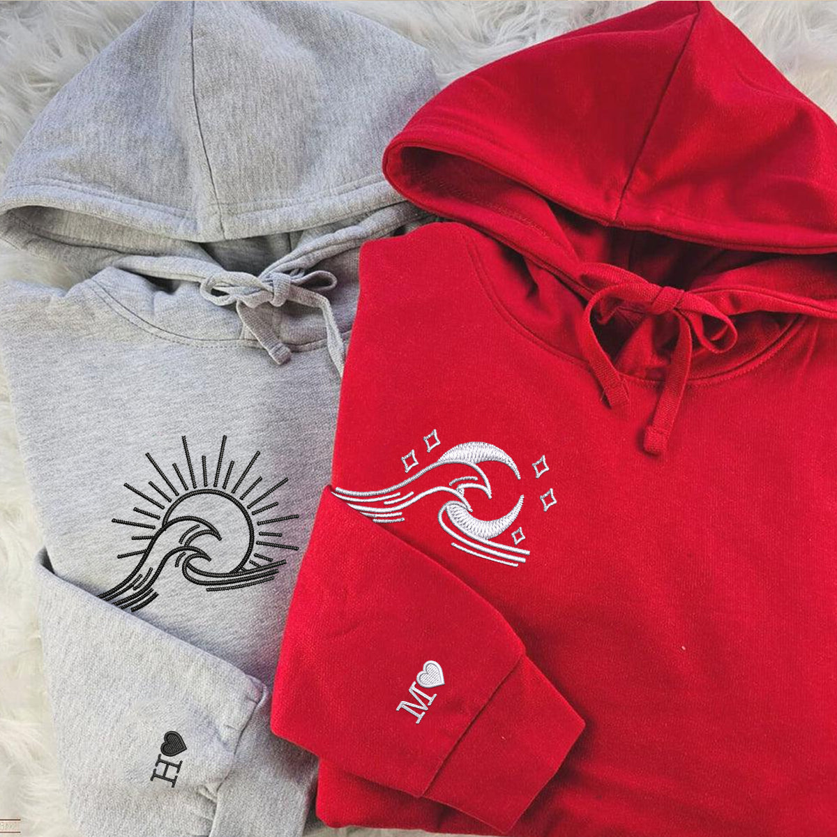 Individuell bestickte Meereswelle Sonne und Mond passende Hoodies für Paare