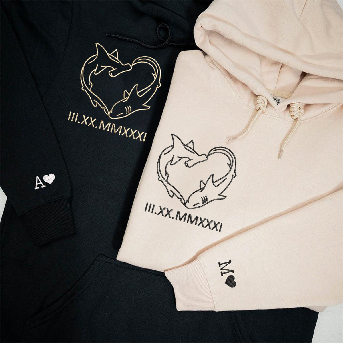 Individuell bestickte Hai-Liebes-Kapuzenpullover mit römischen Ziffern für Paare