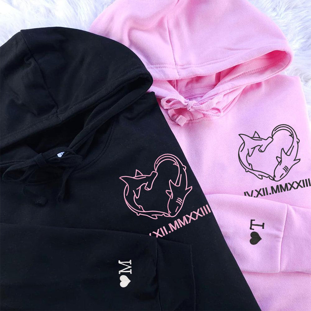 Individuell bestickte Hai-Liebes-Kapuzenpullover mit römischen Ziffern für Paare