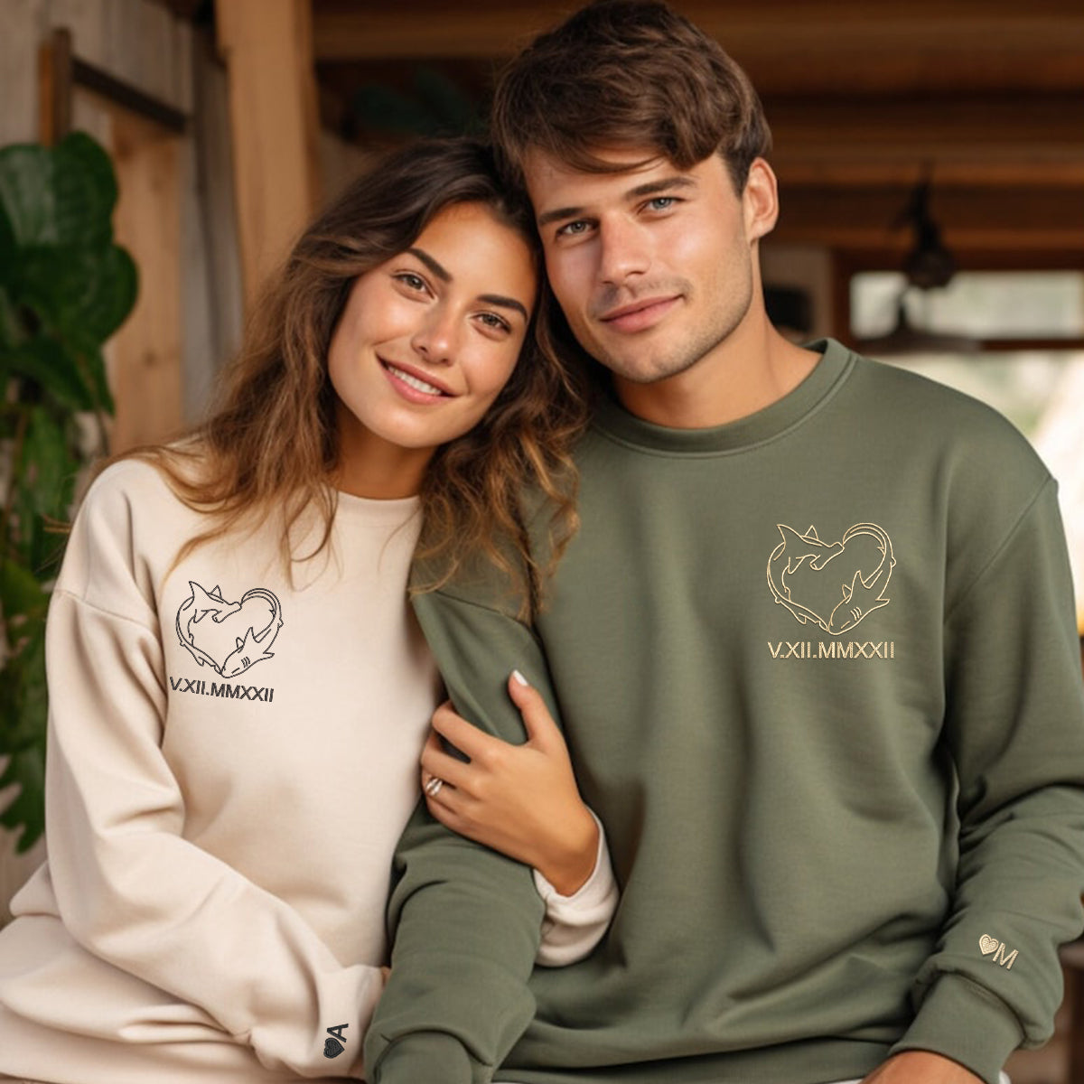 Individuell bestickte Hai-Liebes-Kapuzenpullover mit römischen Ziffern für Paare