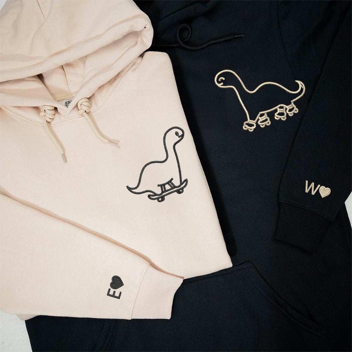 Individuell bestickte Skater-Dino-Kapuzenpullover für Paare