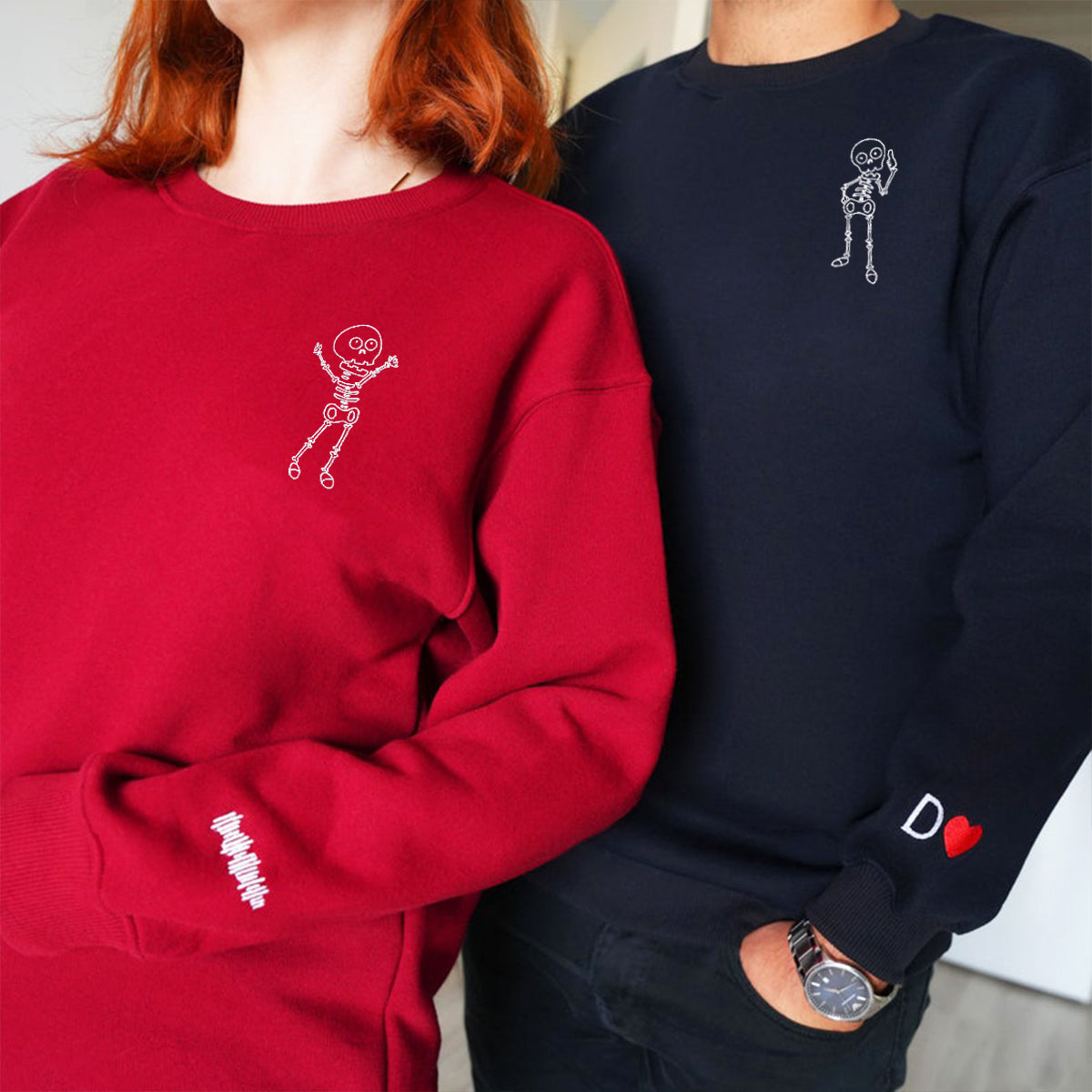 Individuell bestickte Skelett-Kapuzenpullover für Paare